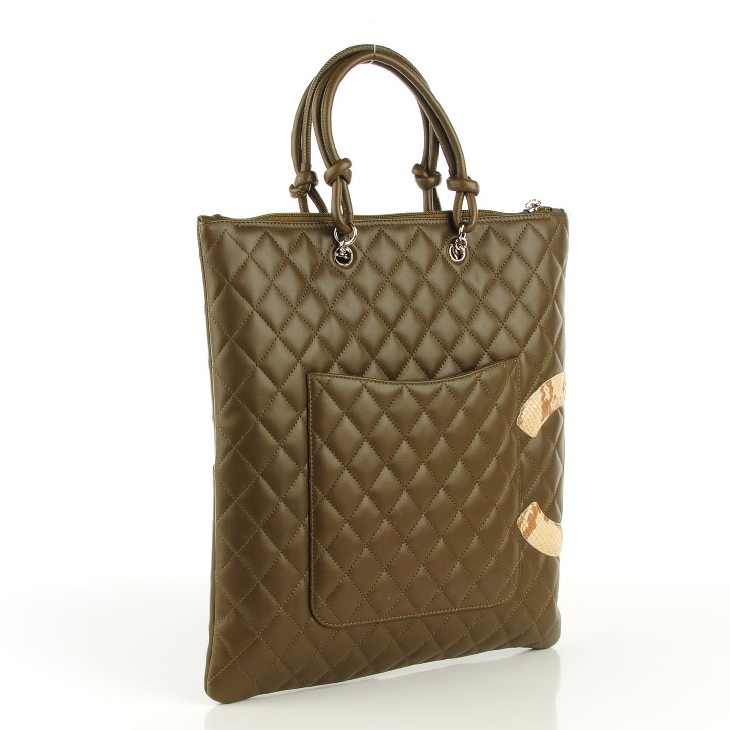Calfskin Python Quilted Cambon Flat Tote Khaki
