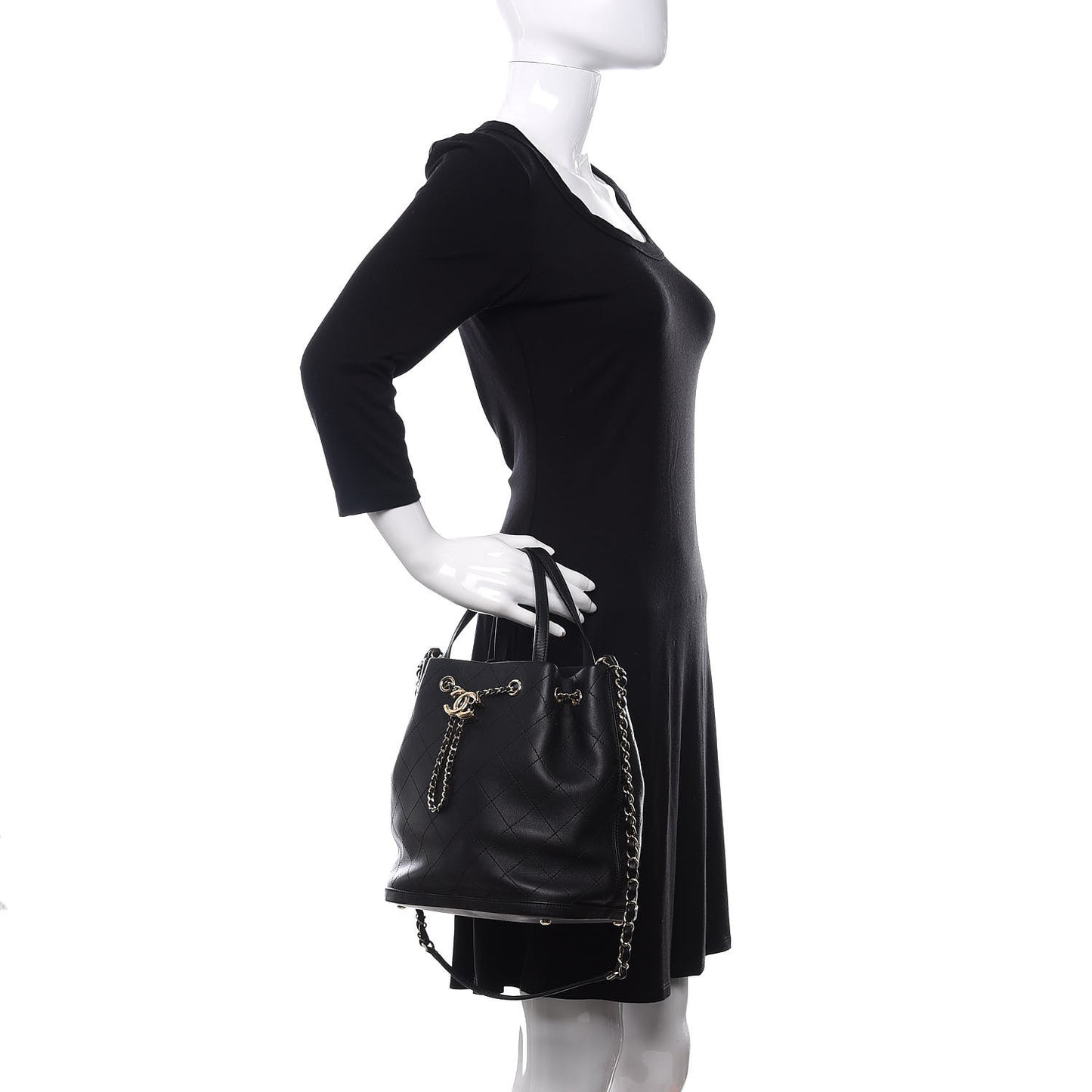 Calfskin Stitched Chain Top Handle Bucket Bag Black