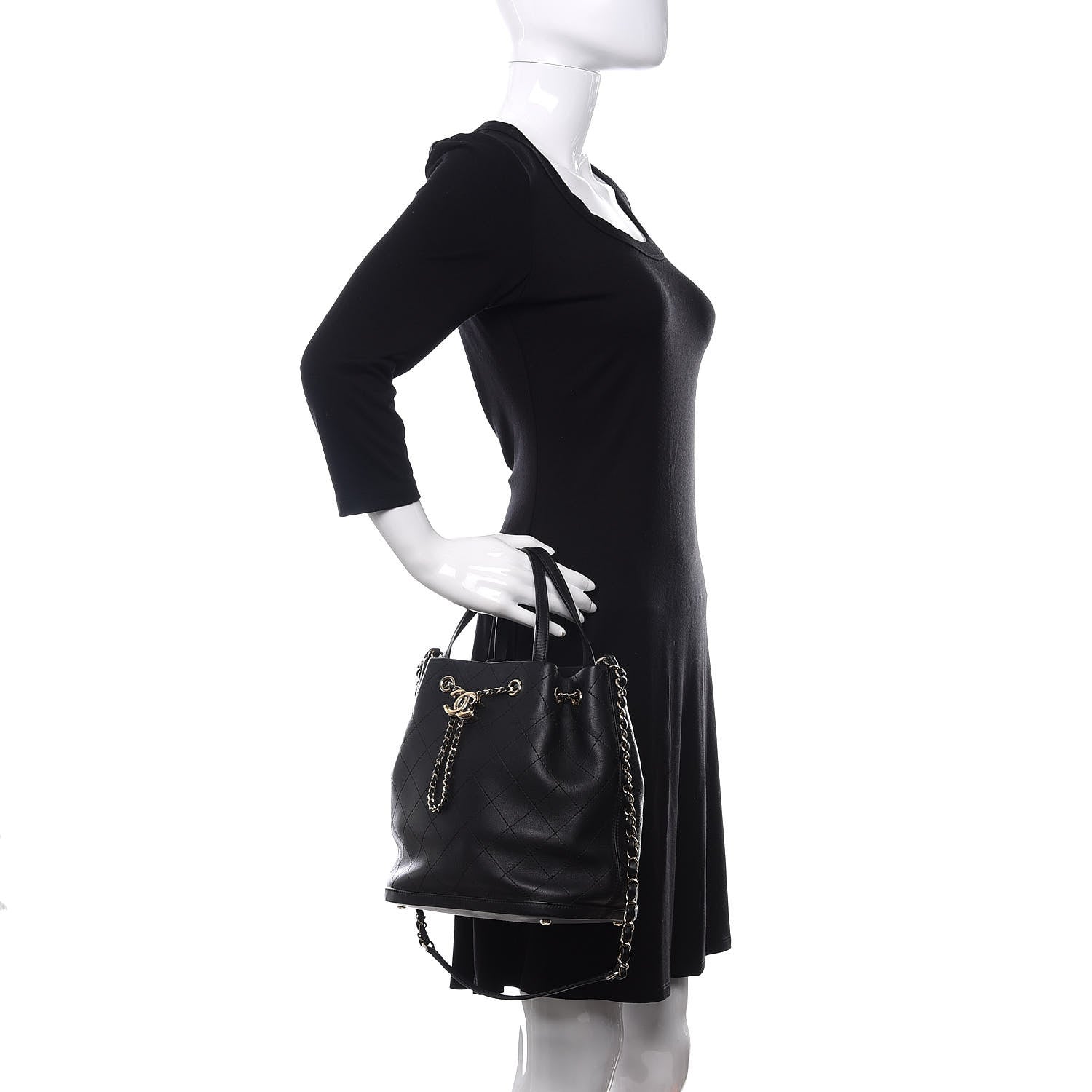 Chanel Calfskin Stitched Chain Top Handle Bucket Bag Black 3 of 11