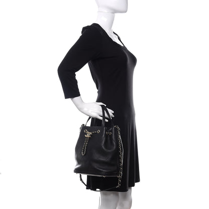 Chanel Calfskin Stitched Chain Top Handle Bucket Bag Black 3 of 11