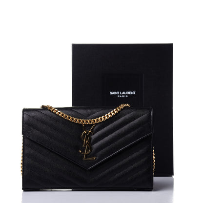 Saint Laurent Grain De Poudre Matelasse Chevron Monogram Chain Wallet Black 11 of 11