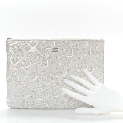 Chanel Metallic Lambskin Star Embossed Medium Cosmetic Pouch Light Silver 2 of 9