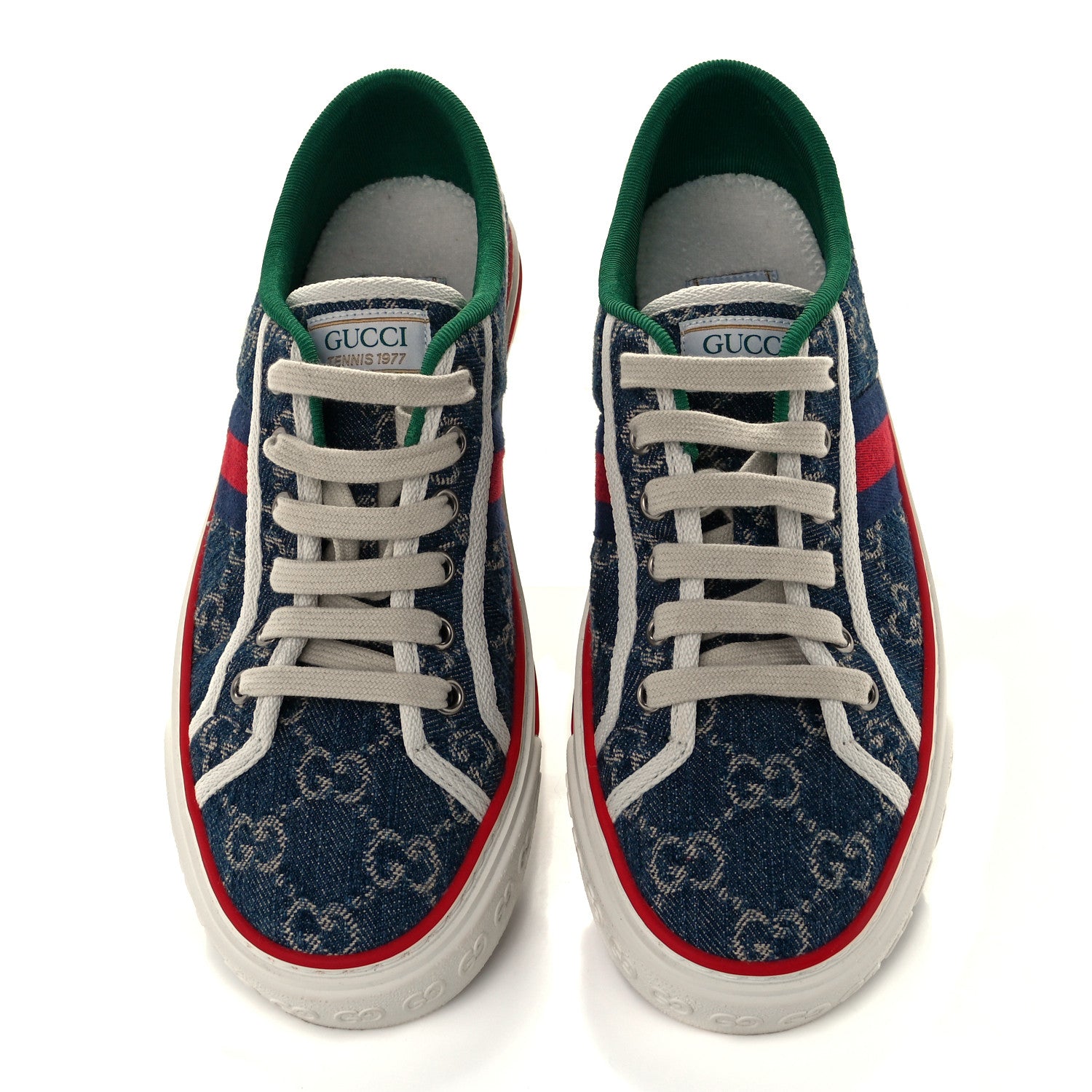 Gucci New Denim GG Monogram Web Womens 1977 Tennis Sneakers 38 Blue Tea Mystic White 5 of 9