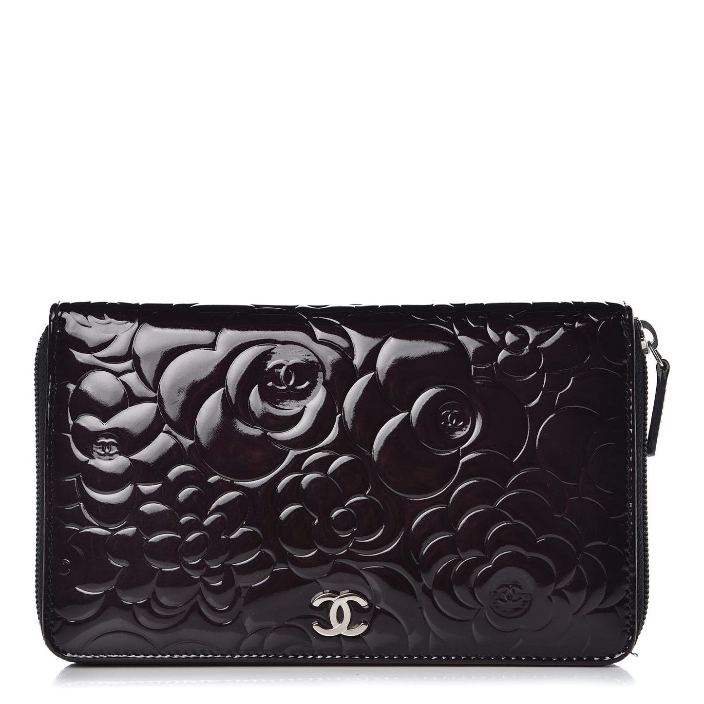 Patent Camellia Embossed Large Zip Around Gusset Wallet Black