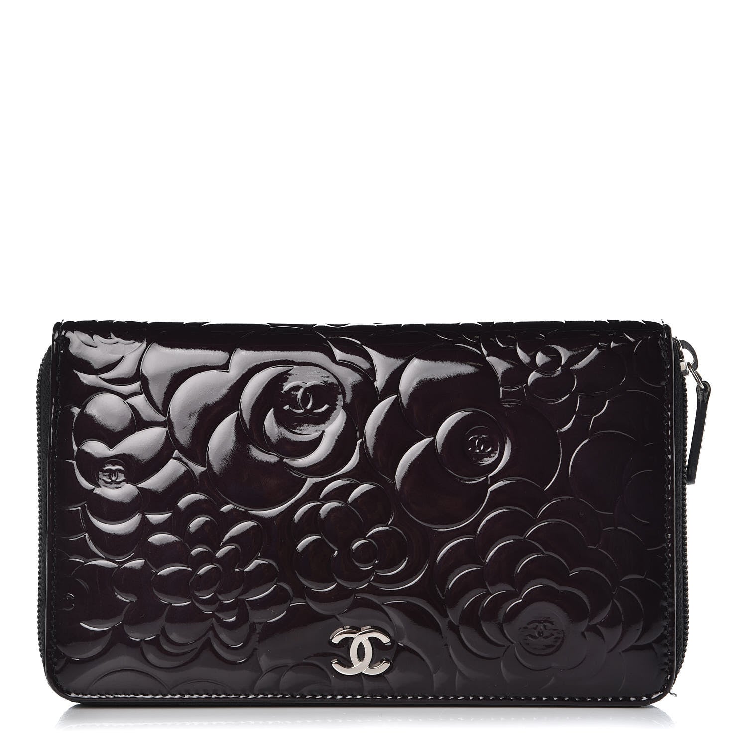Chanel Patent Camellia Embossed Large Zip Around Gusset Wallet Black 1 of 9