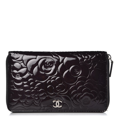 Chanel Patent Camellia Embossed Large Zip Around Gusset Wallet Black 1 of 9