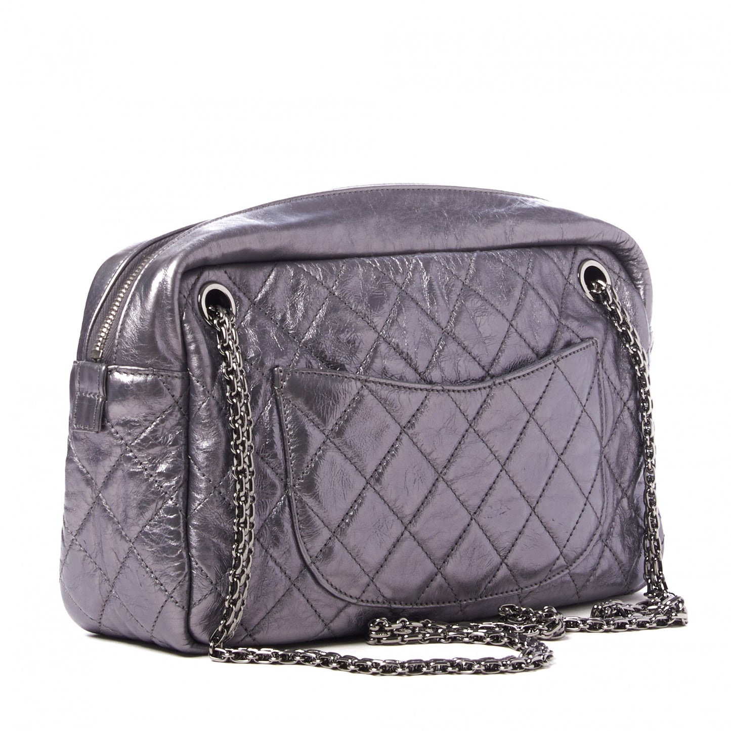 Metallic Aged Calfskin Quilted Medium Reissue Camera Case Dark Silver