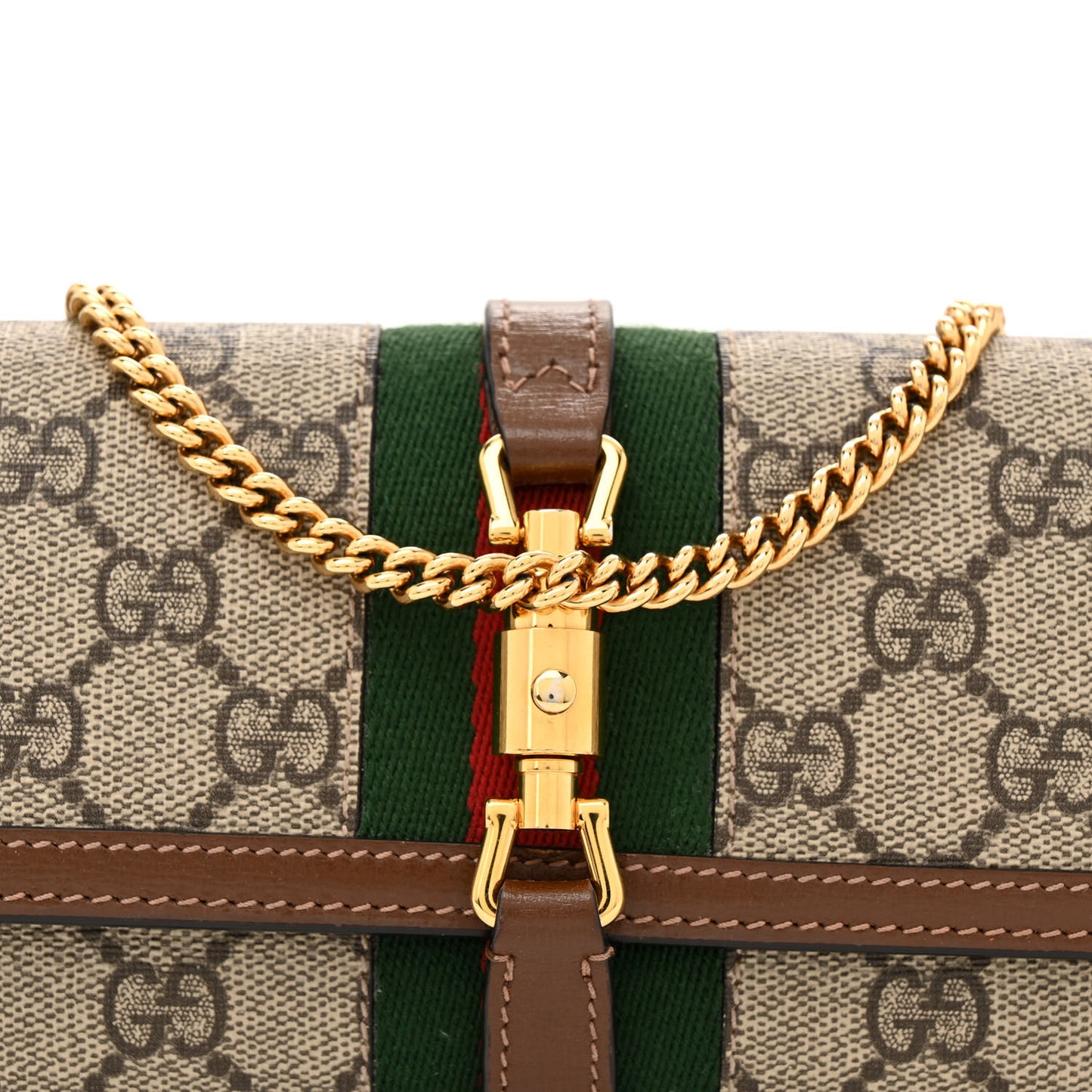 GG Supreme Monogram Azalea Calfskin Web Jackie 1961 Chain Wallet Beige Ebony Brown Sugar