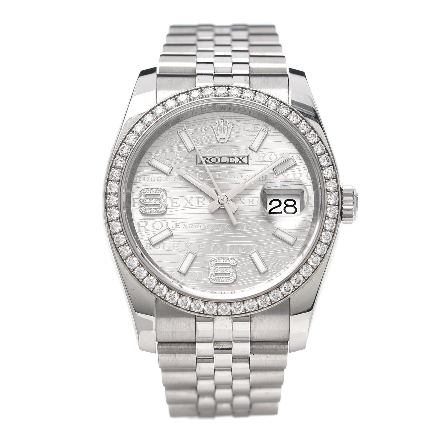 Stainless Steel 18K White Gold Diamond 36mm Oyster Perpetual Datejust Watch Rhodium Waves 116244