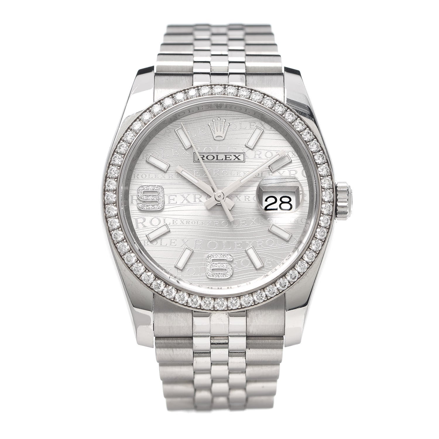 Rolex Stainless Steel 18K White Gold Diamond 36mm Oyster Perpetual Datejust Watch Rhodium Waves 116244 1 of 6