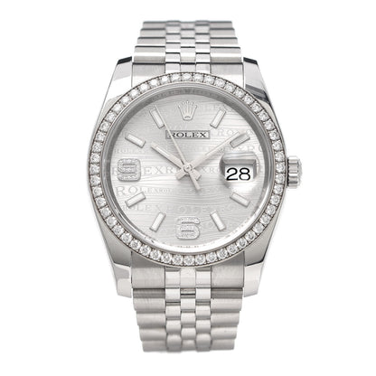 Rolex Stainless Steel 18K White Gold Diamond 36mm Oyster Perpetual Datejust Watch Rhodium Waves 116244 1 of 6
