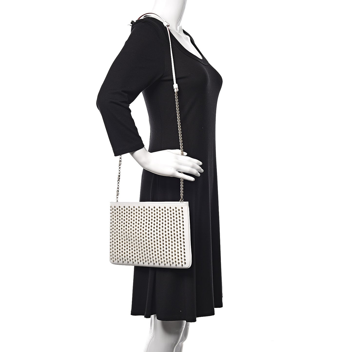 Calfskin Studded Loubiposh Chain Clutch White Gold