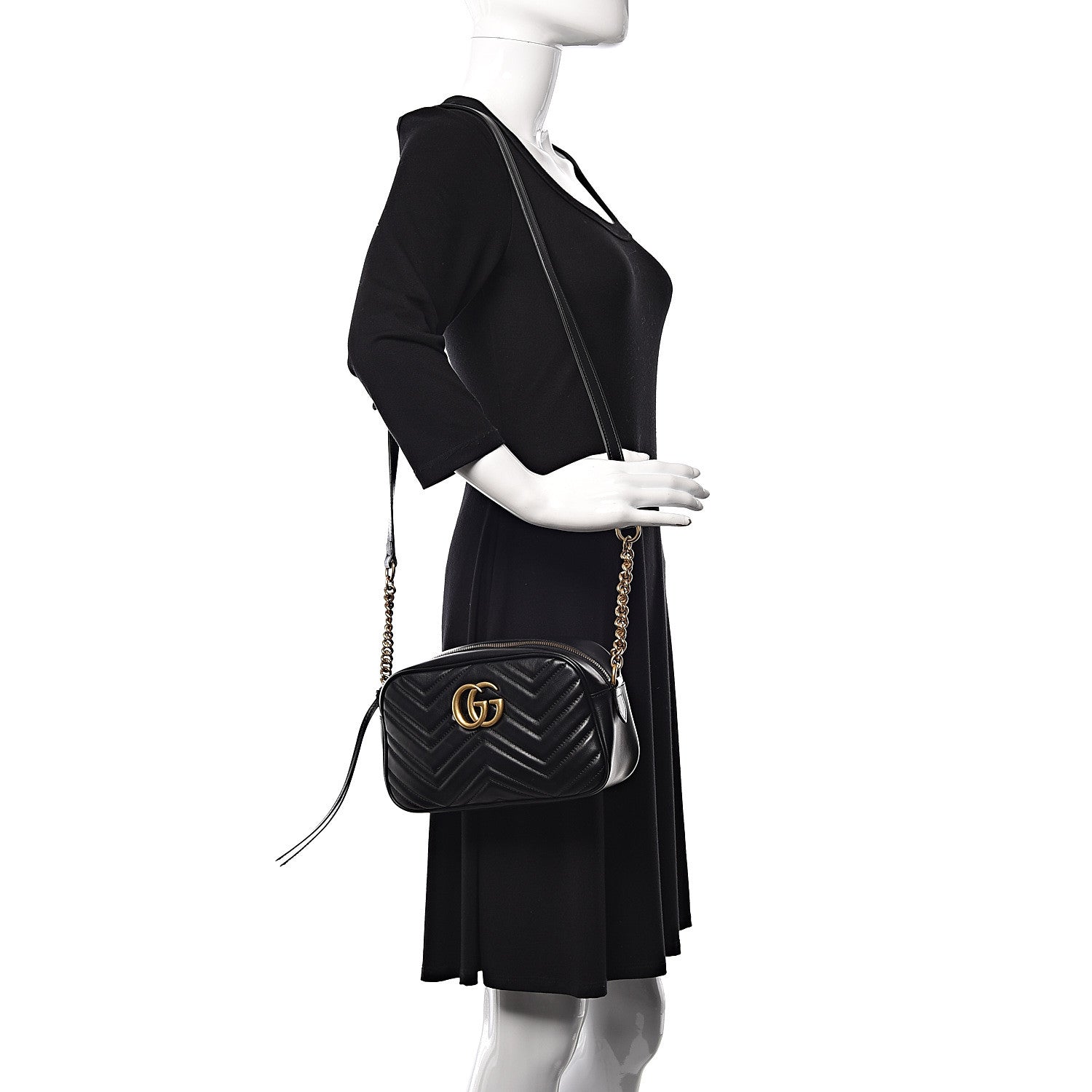 Gucci Calfskin Matelasse Small GG Marmont Chain Shoulder Bag Black 1 of 11