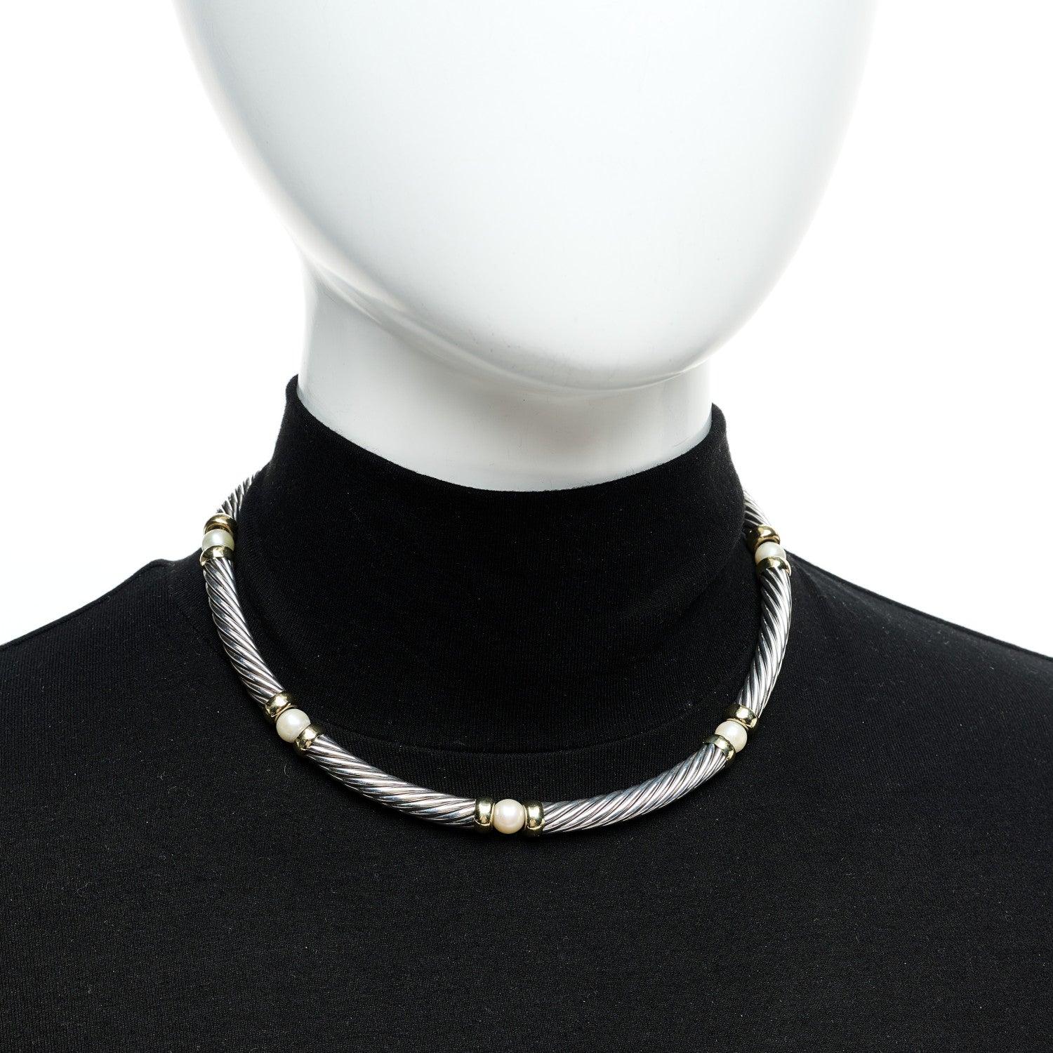 David Yurman Sterling Silver 14K Yellow Gold Cultured Pearl Hampton Cable Choker Necklace 2 of 6