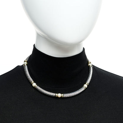David Yurman Sterling Silver 14K Yellow Gold Cultured Pearl Hampton Cable Choker Necklace 2 of 6