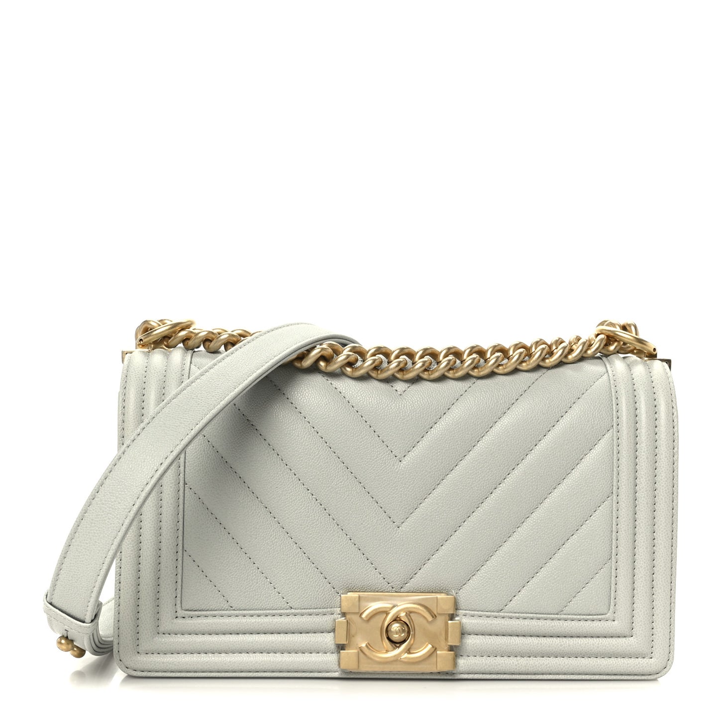Caviar Chevron Quilted Medium Boy Flap Light Grey