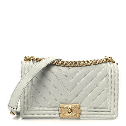 Chanel Caviar Chevron Quilted Medium Boy Flap Light Grey 1 of 11