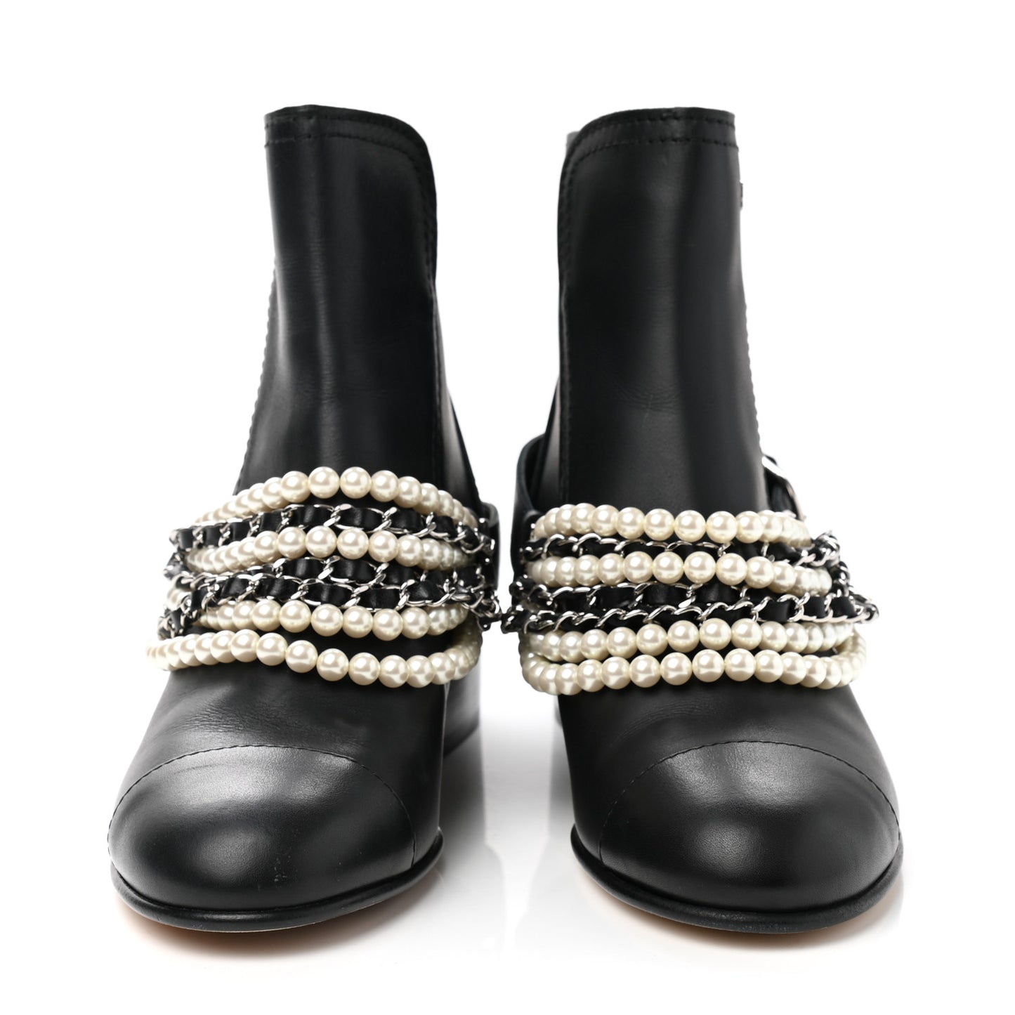 Calfskin Pearl Cap Toe Short Boots 37 Black