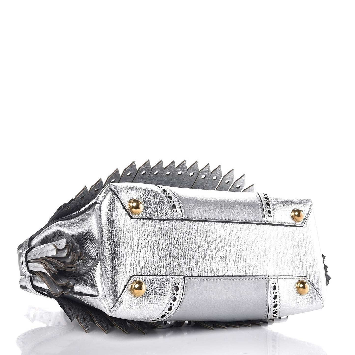 Metallic Calfskin Broguing Small Banner Tote Silver