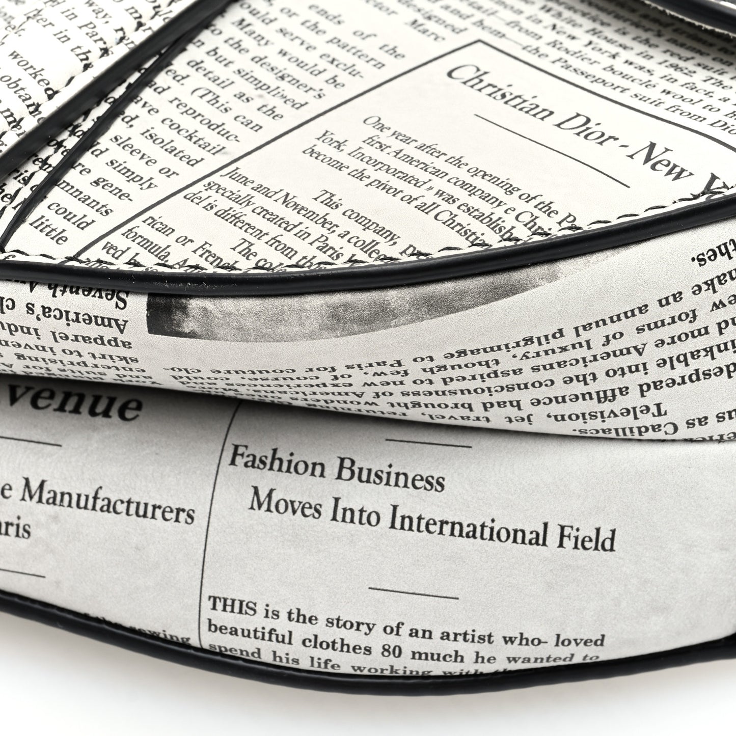 Calfskin Newspaper Printed Saddle Bag With Strap Black White
