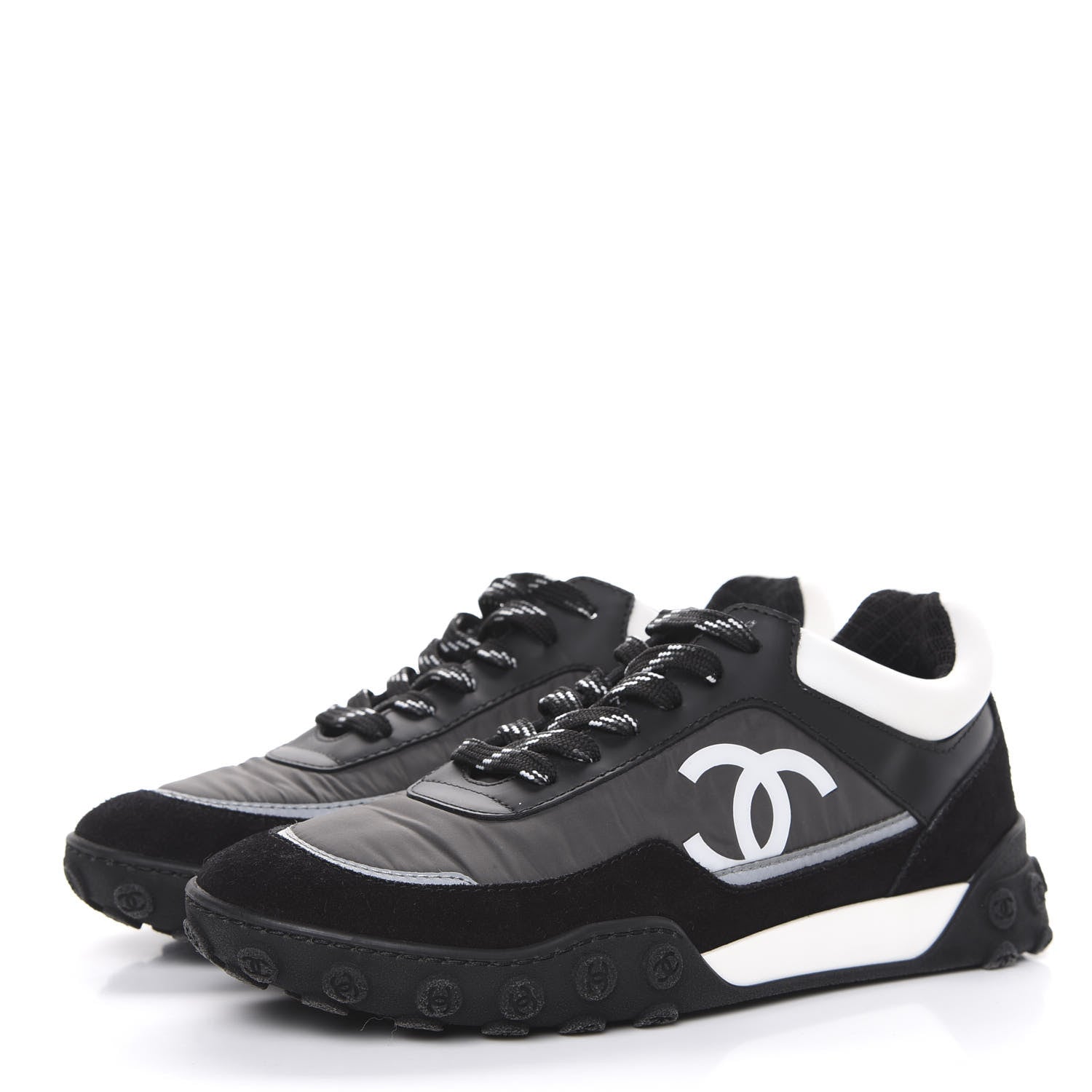 Chanel Nylon Calfskin Suede CC Sneakers 36 Grey Black White 3 of 8