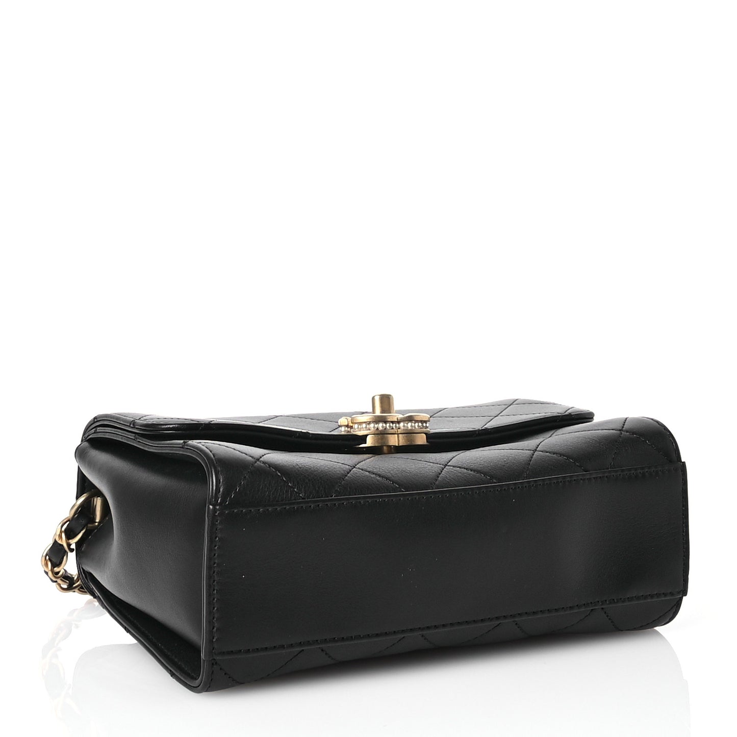 Lambskin Stitched Pearl Logo Top Handle Flap Black
