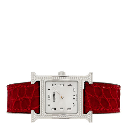 Hermes Stainless Steel Alligator Diamond Bezel Mother of Pearl 21mm Heure H Hour Quartz Watch Braise 2 of 5