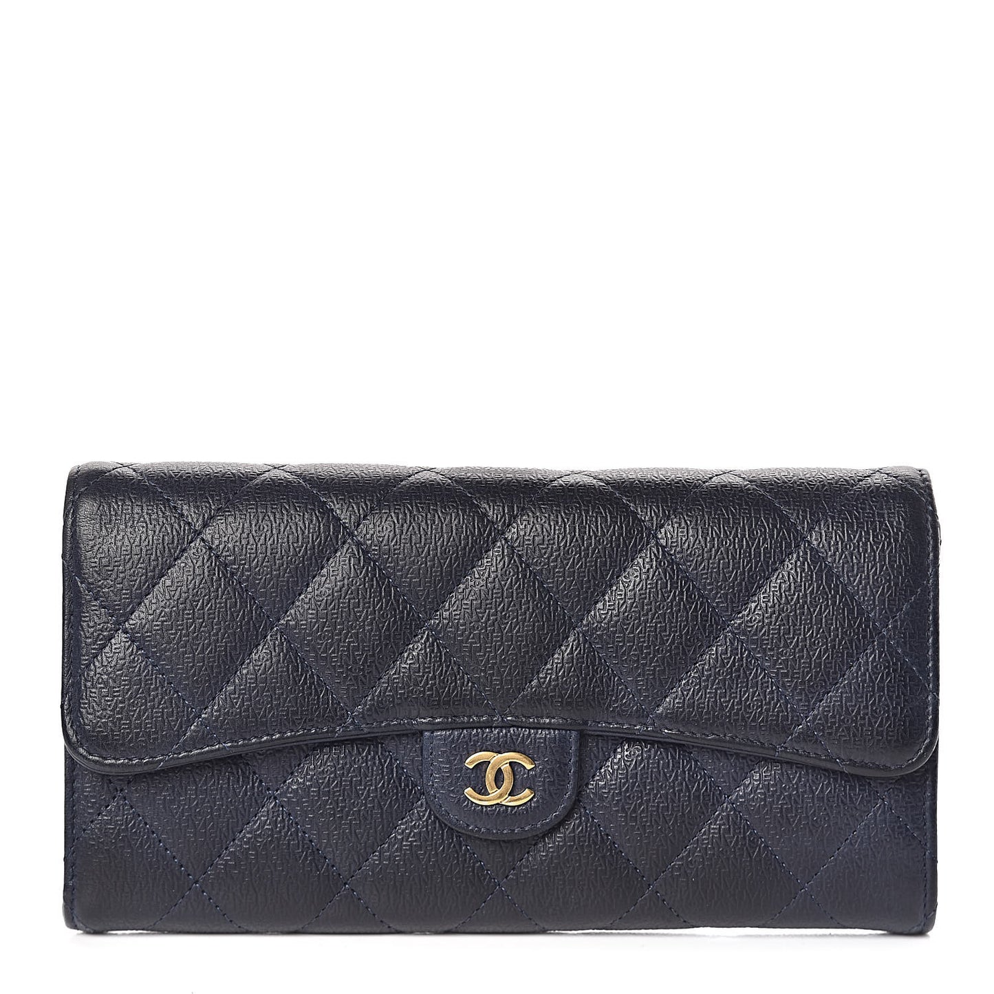 Letter Calfskin Embossed Quilted Large Gusset Flap Wallet Navy