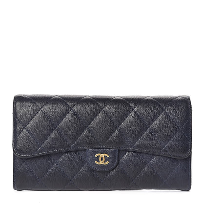 Chanel Letter Calfskin Embossed Quilted Large Gusset Flap Wallet Navy 1 of 15