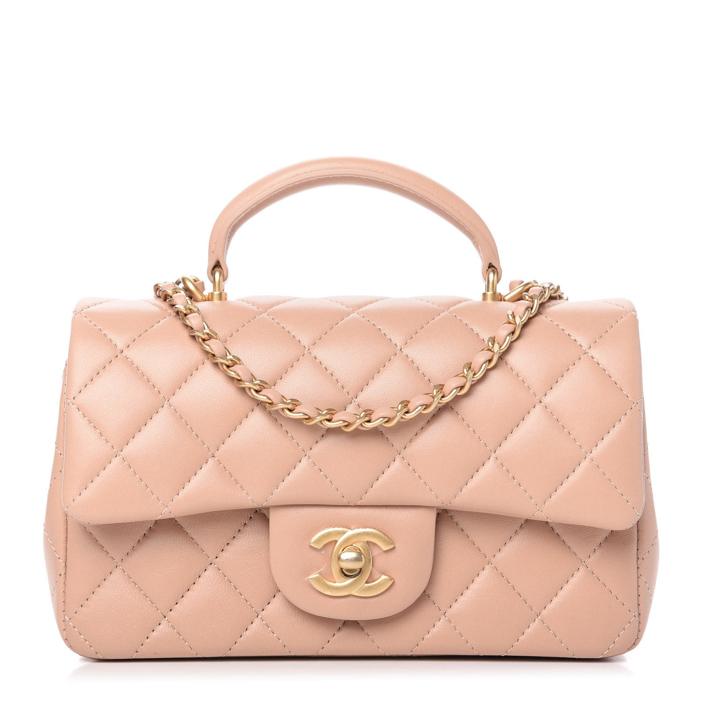 Lambskin Quilted Mini Top Handle Rectangular Flap Beige
