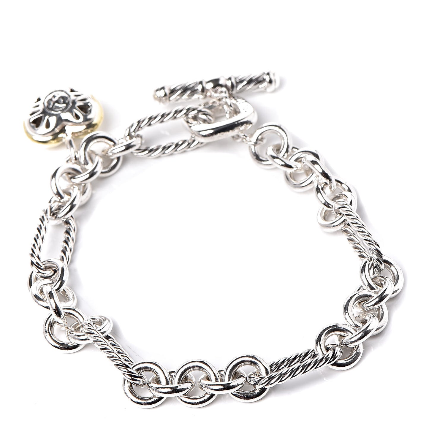 Sterling Silver 18K Yellow Gold Cable Heart Charm Bracelet