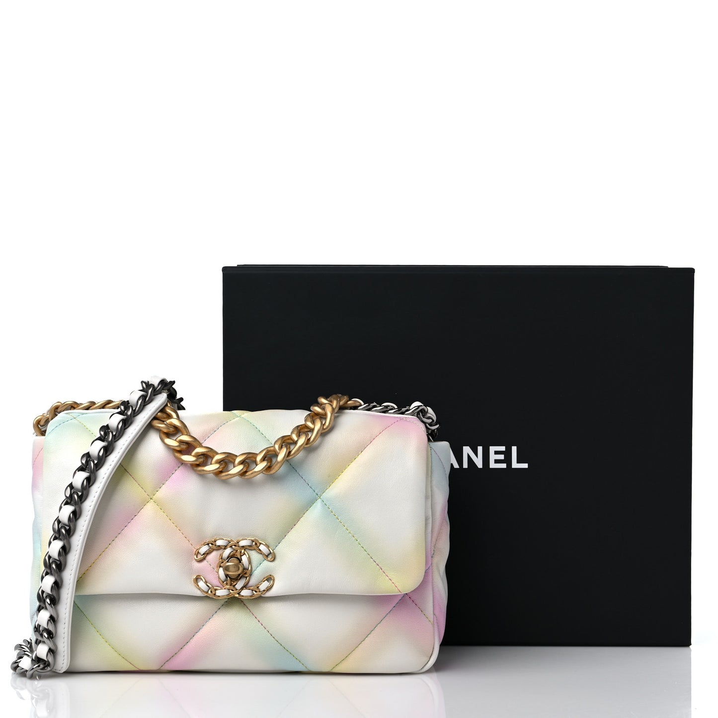 Printed Goatskin Quilted Medium Chanel 19 Flap White Multicolor
