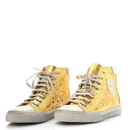 Saint Laurent Distressed Calfskin Bedford Logo-Appliqued Hightop Sneakers 38 Gold Cream White 3 of 10
