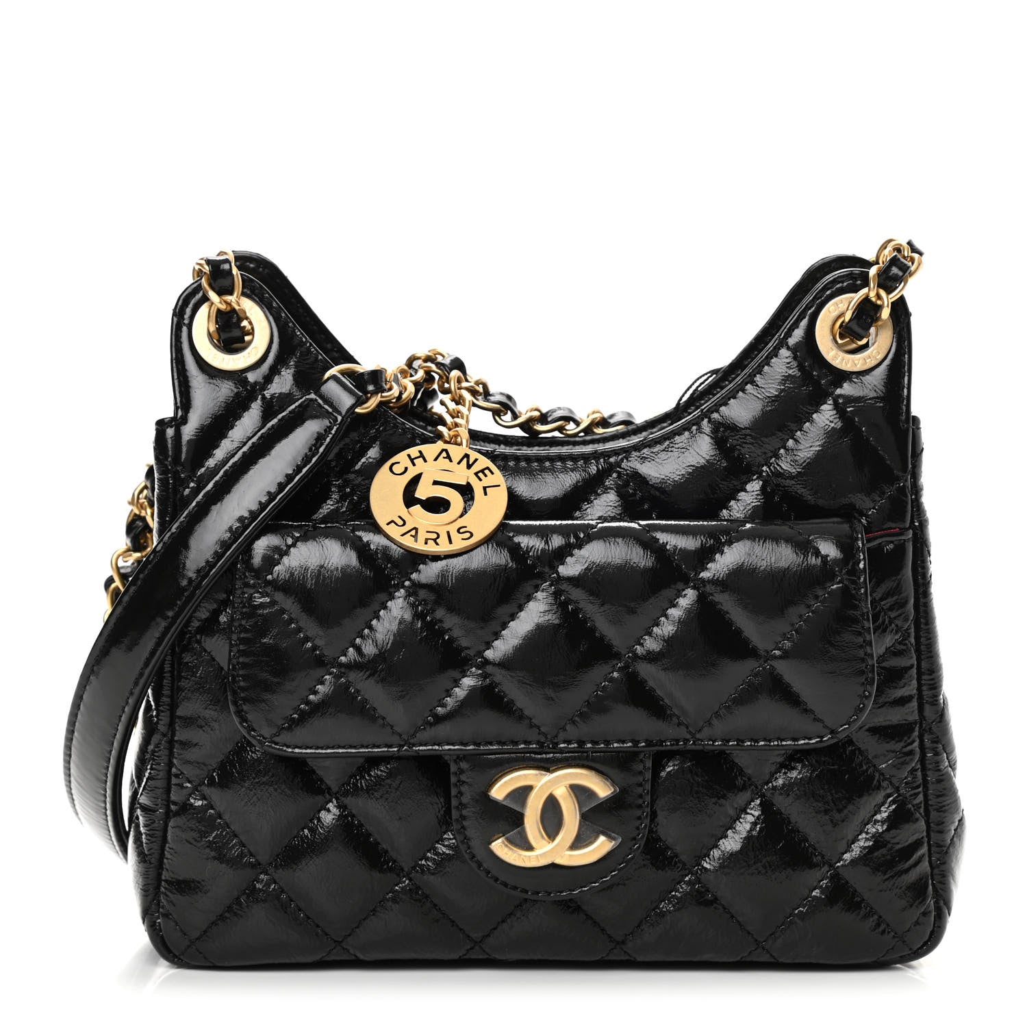 Chanel Shiny Crumpled Calfskin Quilted Small Wavy CC Hobo Black 1 of 11