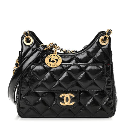 Chanel Shiny Crumpled Calfskin Quilted Small Wavy CC Hobo Black 1 of 11