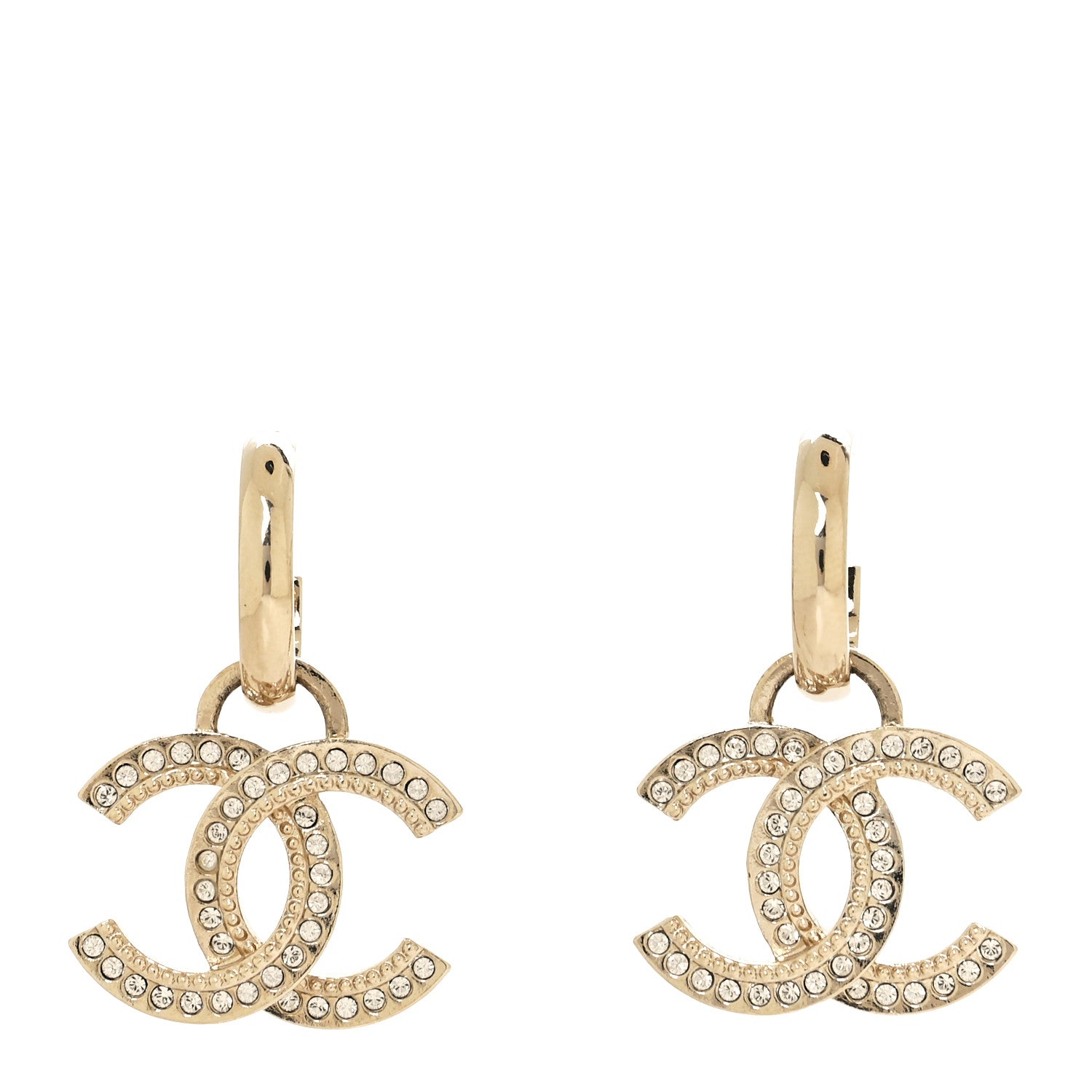 Chanel Metal Crystal Studded CC Hoop Drop Earrings Gold 1 of 5