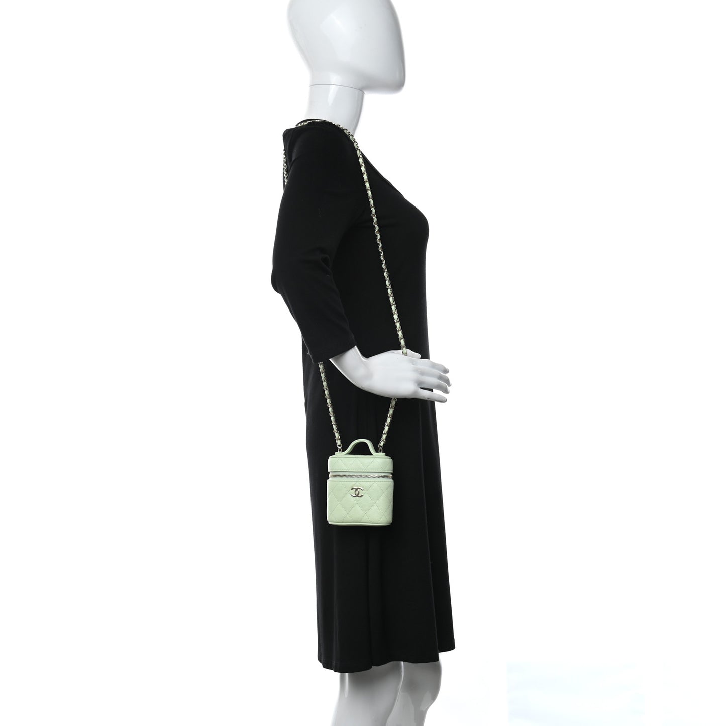 Caviar Quilted Small Handle With Care Vanity Case With Chain Light Green