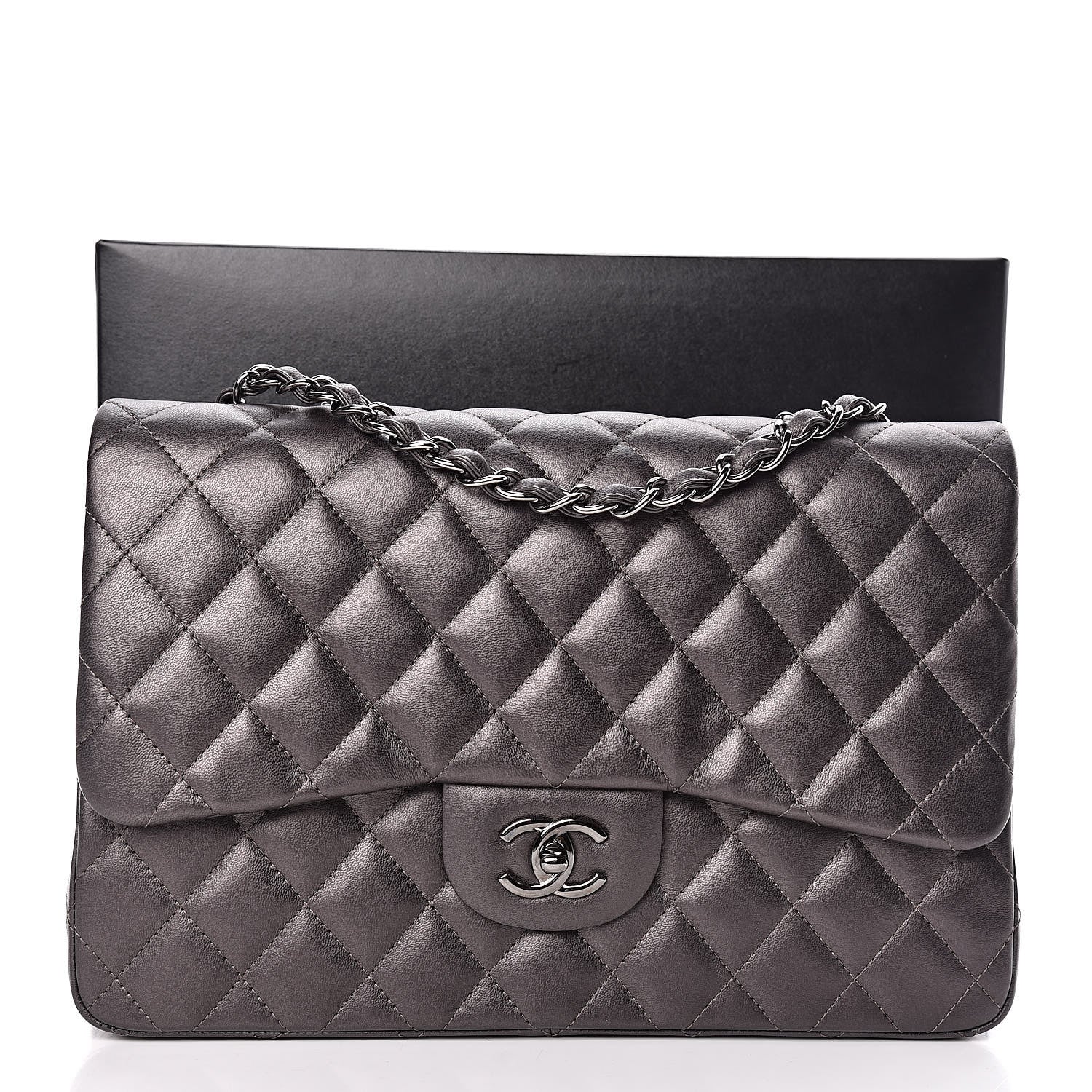 Chanel Metallic Lambskin Quilted Jumbo Single Flap Dark Grey 14 of 14
