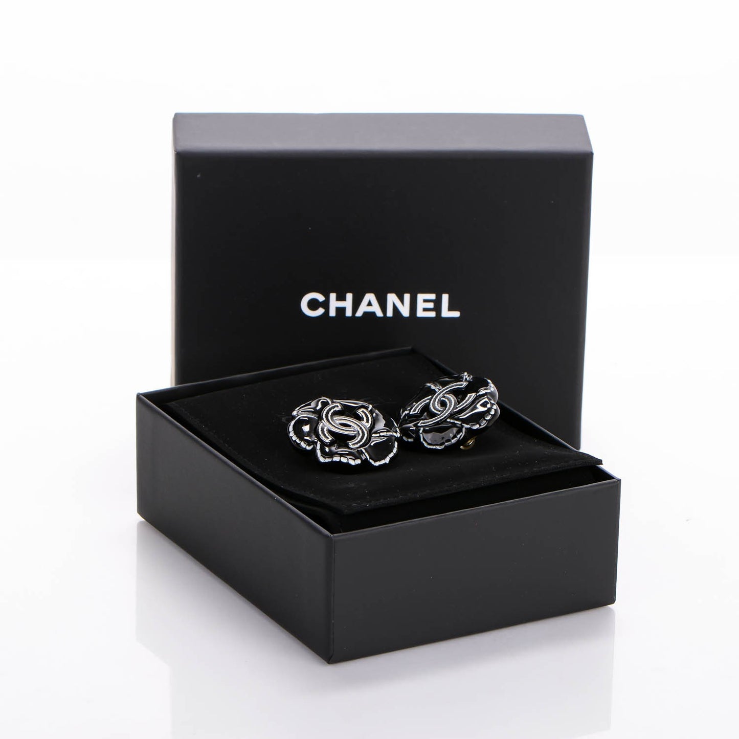 Resin Camellia CC Clip On Earrings Black