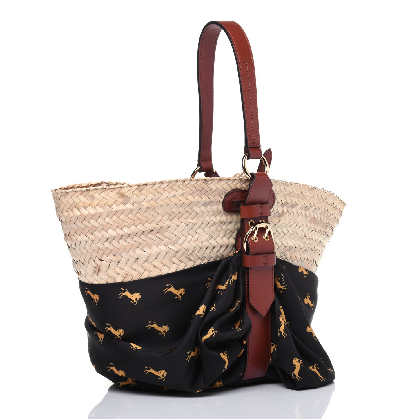 Smooth Calfskin Raffia Little Horses Medium Panier Basket Black Yellow
