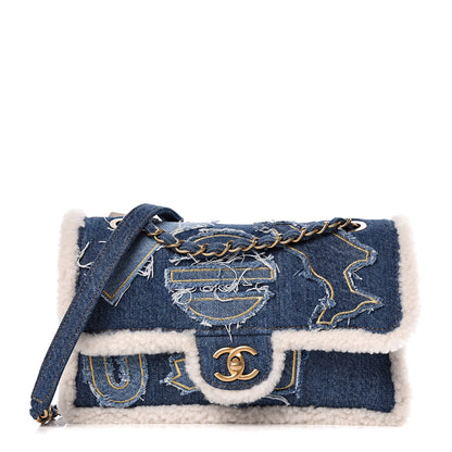 Chanel Denim Shearling Hieroglyph Flap Blue 1 of 10