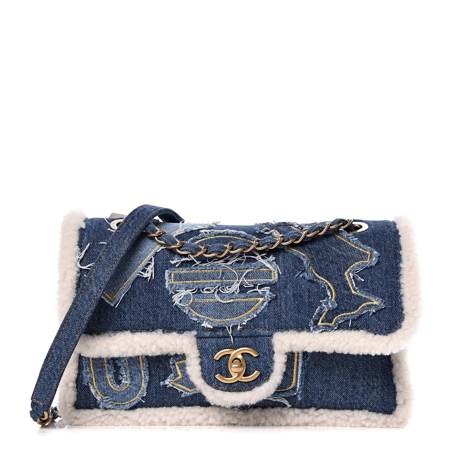 Denim Shearling Hieroglyph Flap Blue