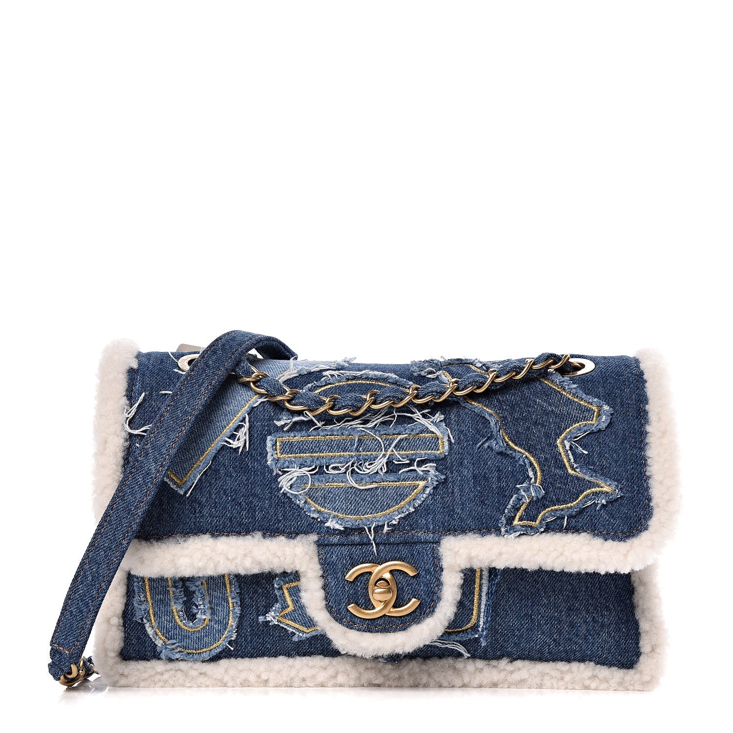 Chanel Denim Shearling Hieroglyph Flap Blue 1 of 10