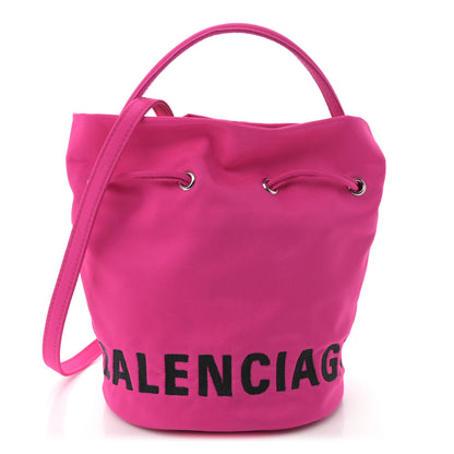 Balenciaga Recycled Sport Nylon Logo Embroidered Wheel Drawstring Bucket Bag XS Fuchsia Black 1 of 9