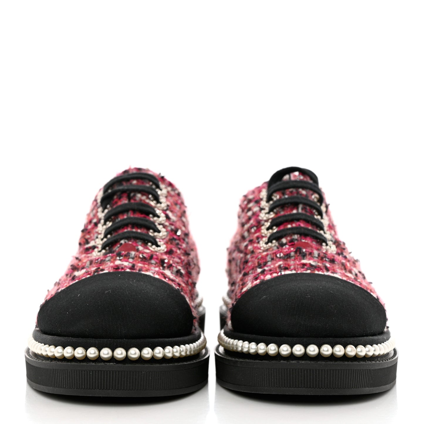 Tweed Grosgrain Sequin Pearl Lace Up Sneakers 37 Black Pink