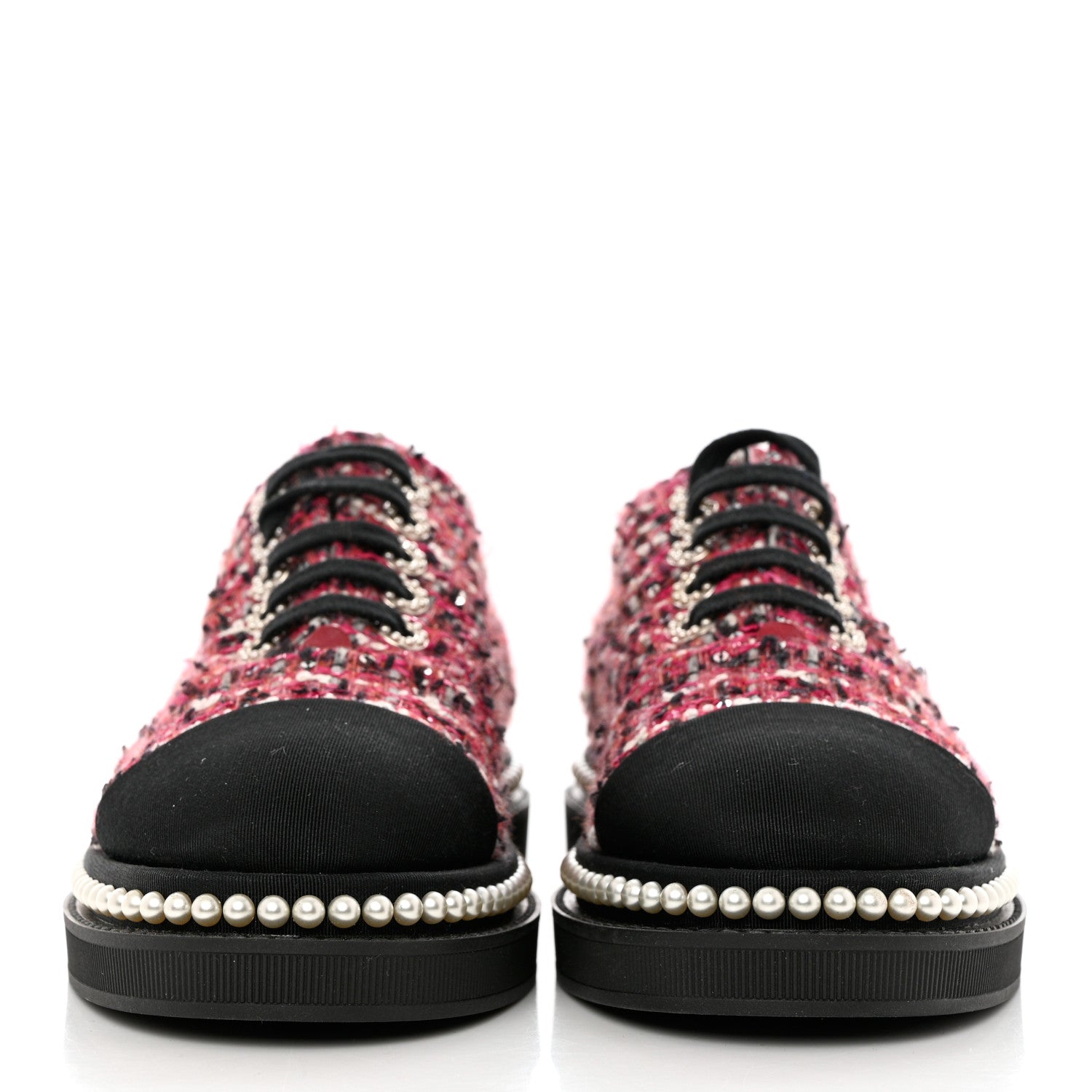 Chanel Tweed Grosgrain Sequin Pearl Lace Up Sneakers 37 Black Pink 2 of 8