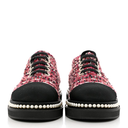 Chanel Tweed Grosgrain Sequin Pearl Lace Up Sneakers 37 Black Pink 2 of 8