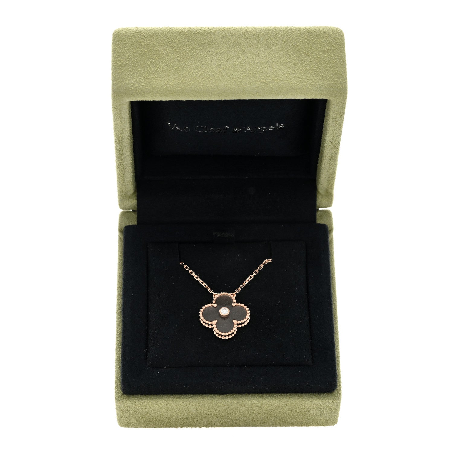 Van Cleef & Arpels 18K Rose Gold Diamond Silver Obsidian Vintage Alhambra Pendant Necklace 4 of 4