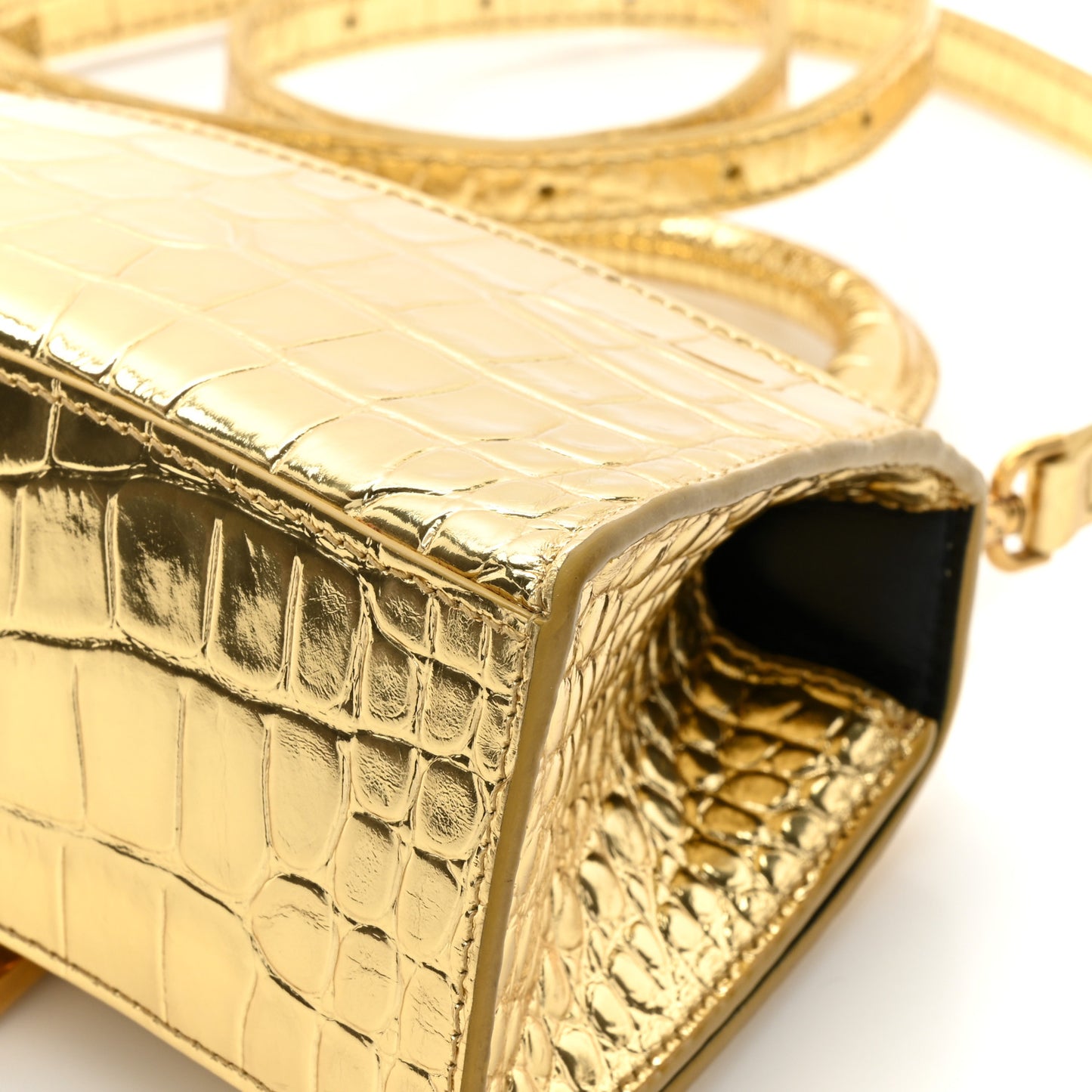 Metallic Calfskin Crocodile Embossed Hourglass Top Handle Bag XS Gold