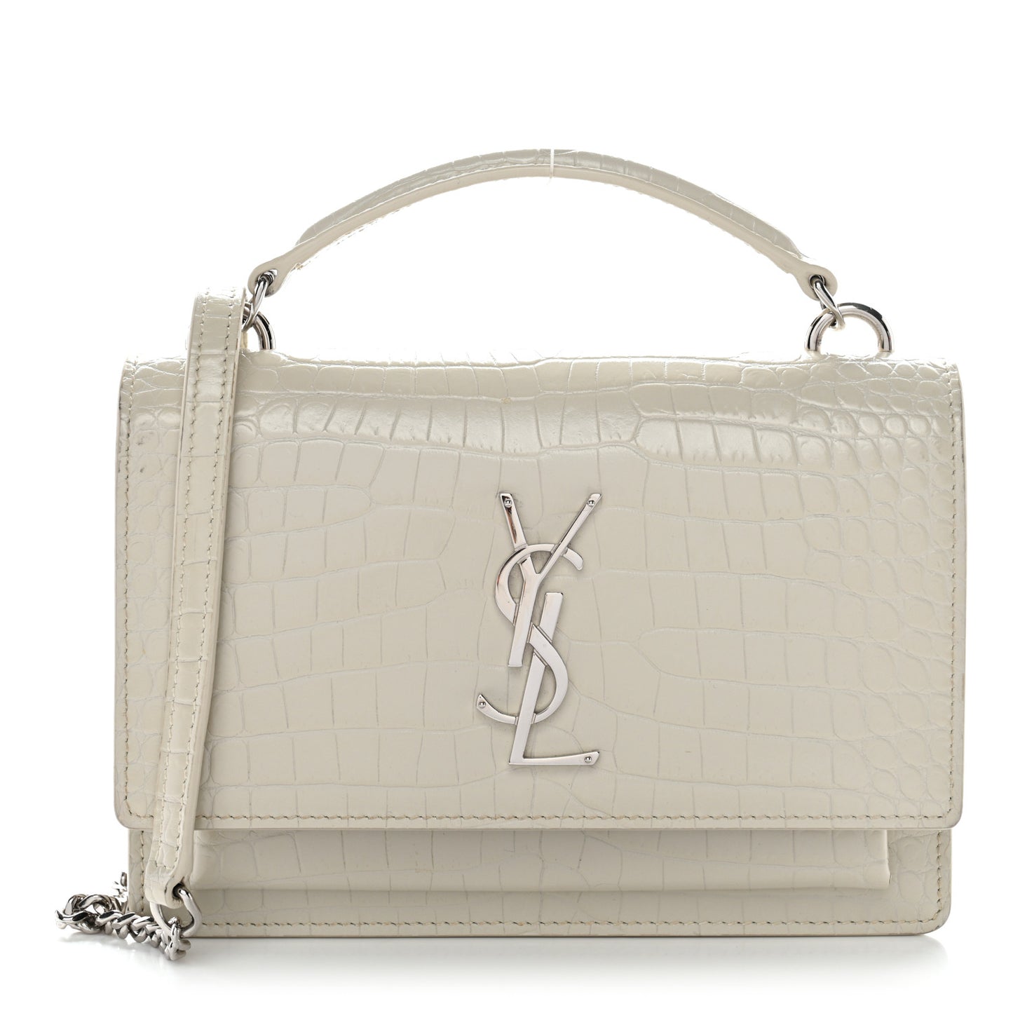 Calfskin Crocodile Embossed Monogram Sunset Chain Wallet Blanc Vintage